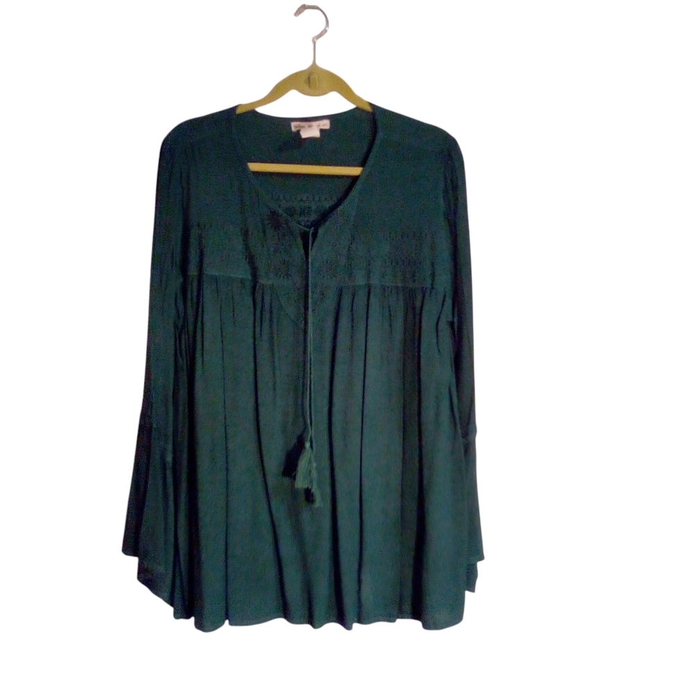 Indigo Threads Top Blouse Large Green Bohemian Peasant Long Sleeve Pullover
